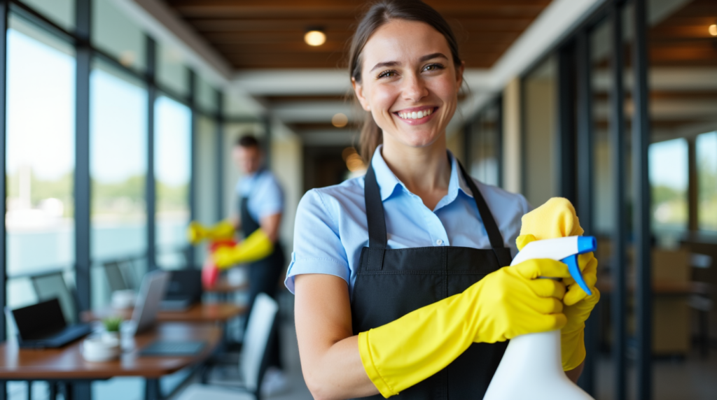 Presupuesto gratuito 1 a professional woman cleaning an elegant office space wearing yellow rubber gloves using a microfib 278ig6cdlxkt6aeo6e97 0