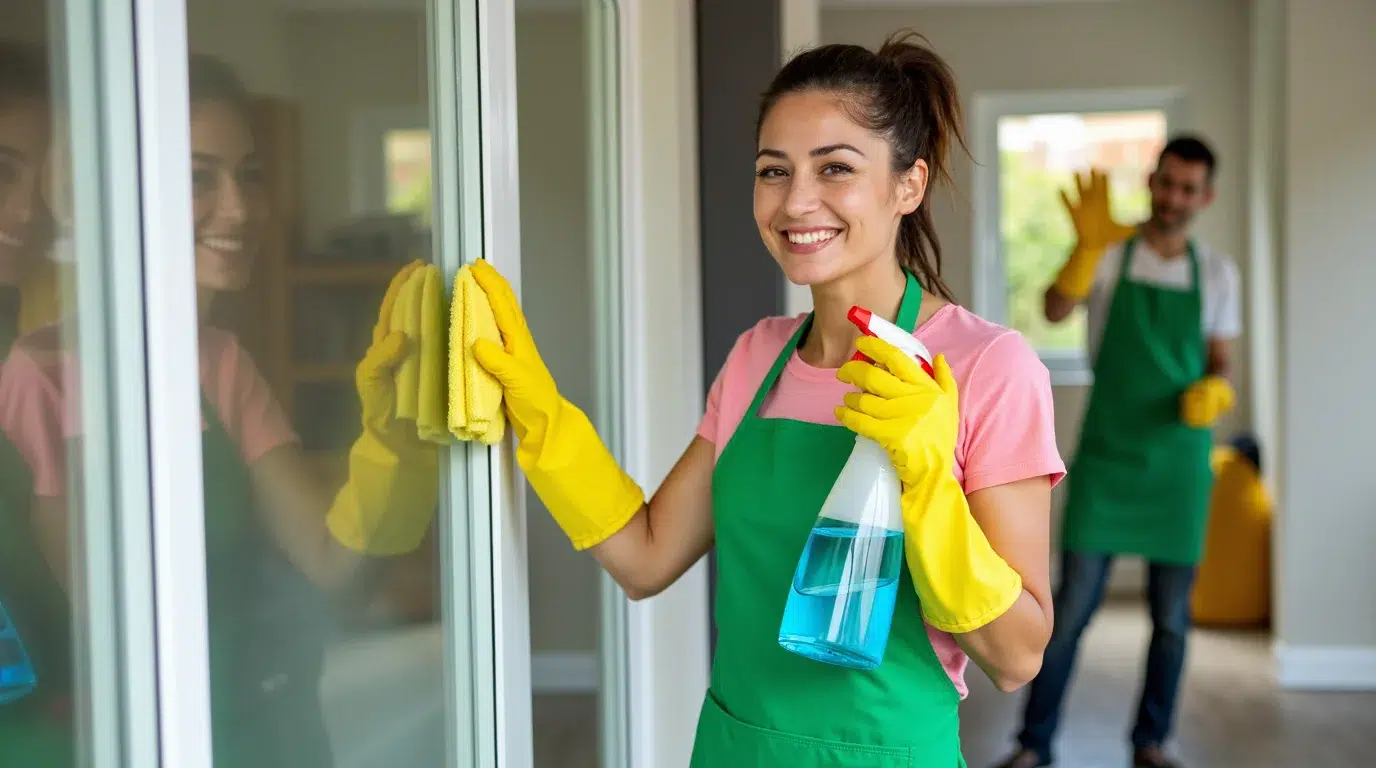 a cheerful cleaning scene featuring a woman